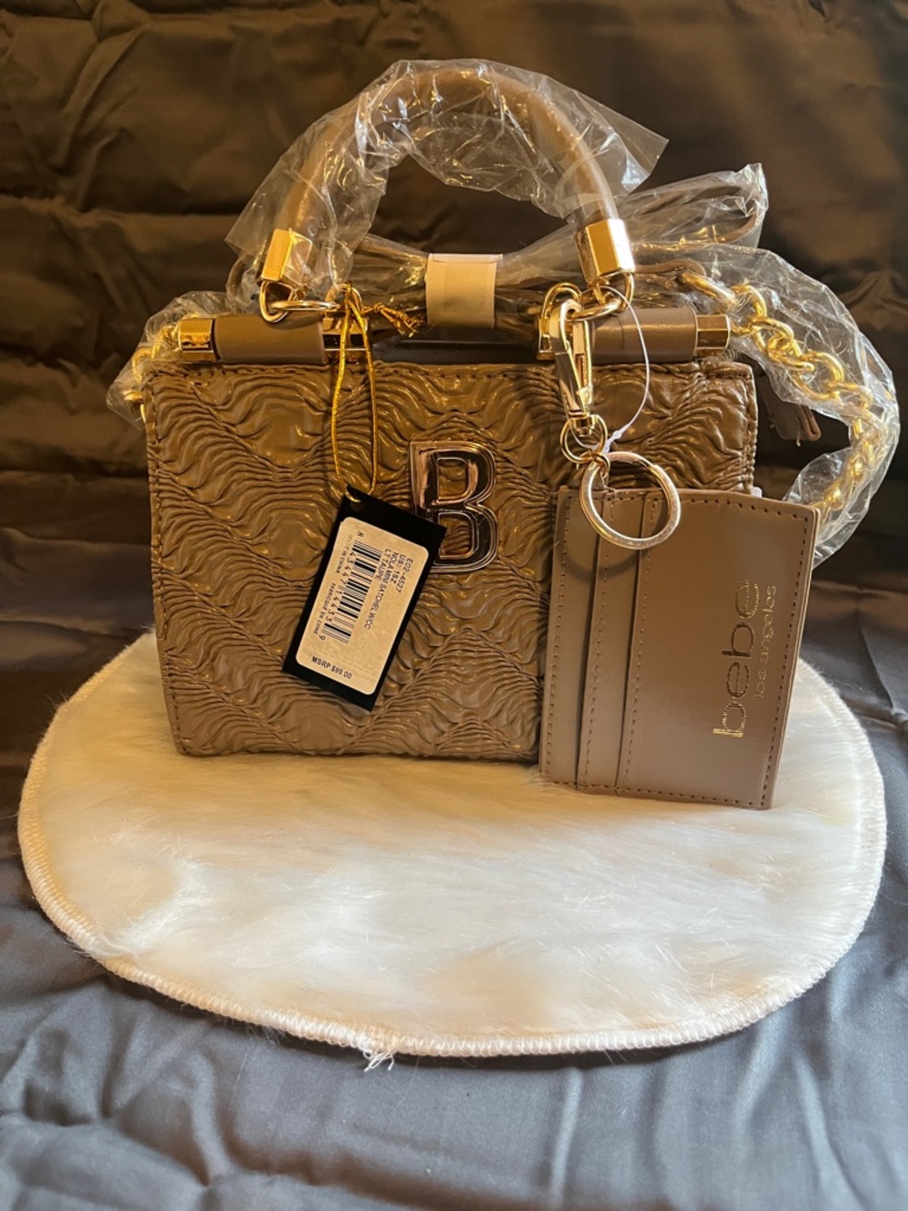 Bebe Taupe Textured Mini Satchel with Gold Hardware and Card Holder